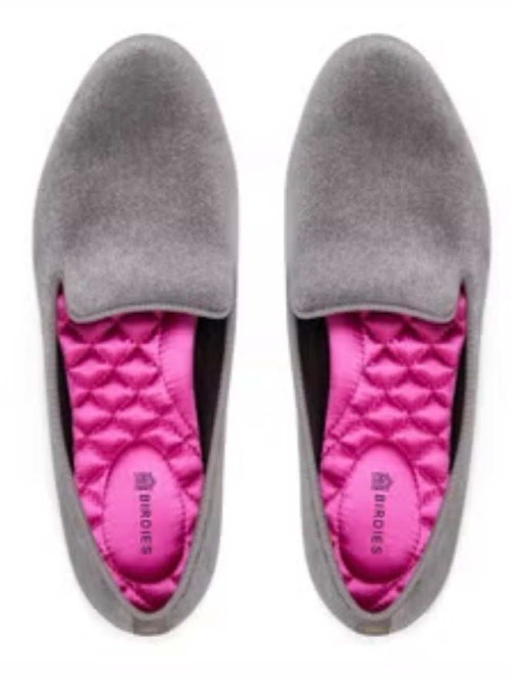 Birdies Starling Suede Grey Velvet Slip-On Loafers with Pink Quilted Insole